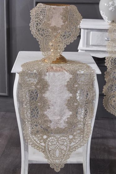 Luna Velvet Runner Set 5 Pieces For Living Room, French Lace, Wedding, Home Accessories, Cappucino