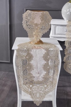 Luna Velvet Runner Set 5 Pieces For Living Room, French Lace, Wedding, Home Accessories, Cappucino - Thumbnail