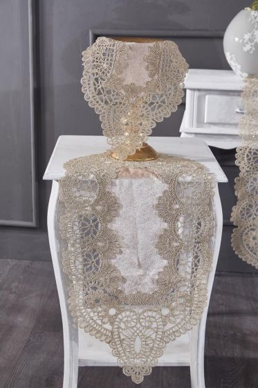 Luna Velvet Runner Set 5 Pieces For Living Room, French Lace, Wedding, Home Accessories, Cappucino