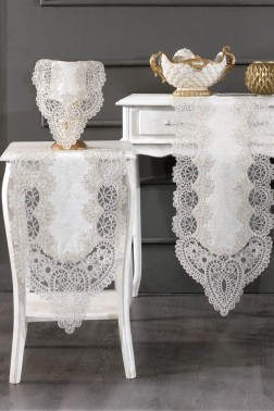 Luna Velvet Runner Set 5 Pieces For Living Room, French Lace, Wedding, Home Accessories, Cream - Thumbnail