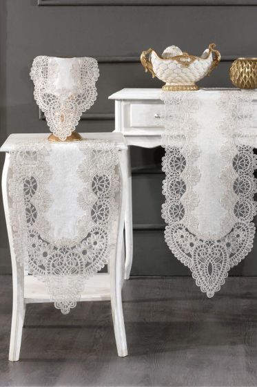 Luna Velvet Runner Set 5 Pieces For Living Room, French Lace, Wedding, Home Accessories, Cream
