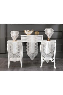 Luna Velvet Runner Set 5 Pieces For Living Room, French Lace, Wedding, Home Accessories, Cream - Thumbnail
