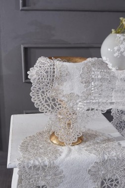 Luna Velvet Runner Set 5 Pieces For Living Room, French Lace, Wedding, Home Accessories, Cream - Thumbnail