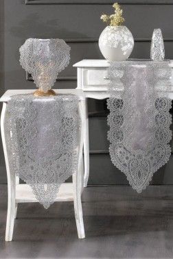 Luna Velvet Runner Set 5 Pieces For Living Room, French Lace, Wedding, Home Accessories, Gray - Thumbnail