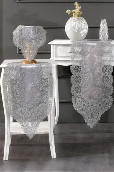 Luna Velvet Runner Set 5 Pieces For Living Room, French Lace, Wedding, Home Accessories, Gray