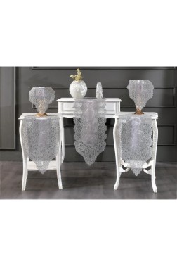 Luna Velvet Runner Set 5 Pieces For Living Room, French Lace, Wedding, Home Accessories, Gray - Thumbnail
