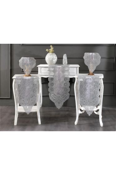 Luna Velvet Runner Set 5 Pieces For Living Room, French Lace, Wedding, Home Accessories, Gray