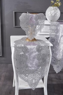 Luna Velvet Runner Set 5 Pieces For Living Room, French Lace, Wedding, Home Accessories, Gray - Thumbnail