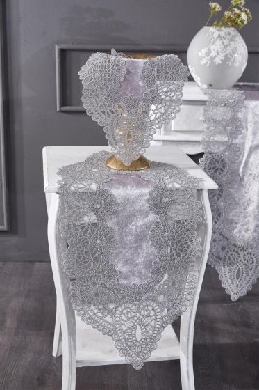 Luna Velvet Runner Set 5 Pieces For Living Room, French Lace, Wedding, Home Accessories, Gray