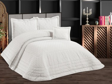 Maras Double size Bedspread Set, Coverlet 230x250 with Pillowcase Velvet Fabric, Cream - Thumbnail