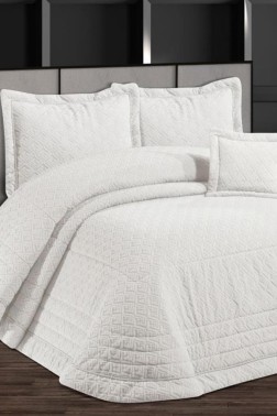 Maras Double size Bedspread Set, Coverlet 230x250 with Pillowcase Velvet Fabric, Cream - Thumbnail