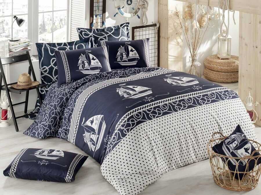  Marine 100% Cotton Deluxe Double Duvet Cover Set Navy Blue