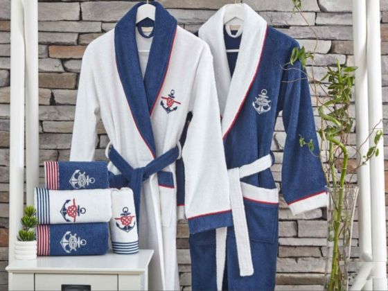 Marine Cotton Bathrobe Set Cream Blue