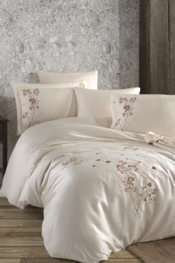 Marley Embroidered 100% Cotton Sateen, Duvet Cover Set, Duvet Cover 200x220, Sheet 240x260, Double Size, Full Size Champagne - Thumbnail