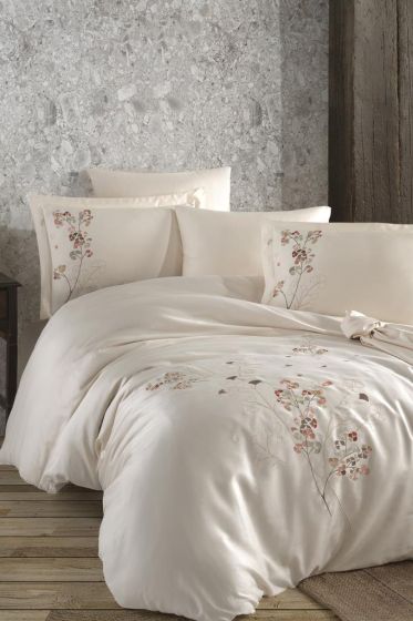 Marley Embroidered 100% Cotton Sateen, Duvet Cover Set, Duvet Cover 200x220, Sheet 240x260, Double Size, Full Size Champagne