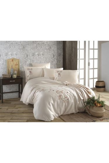 Marley Embroidered 100% Cotton Sateen, Duvet Cover Set, Duvet Cover 200x220, Sheet 240x260, Double Size, Full Size Champagne