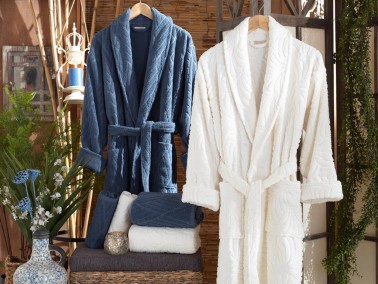 Melanie Jacquard Cotton Bathrobe Set Cream Navy Blue - Thumbnail