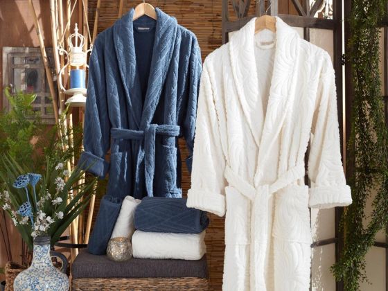 Melanie Jacquard Cotton Bathrobe Set Cream Navy Blue