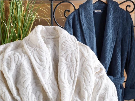 Melanie Jacquard Cotton Bathrobe Set Cream Navy Blue