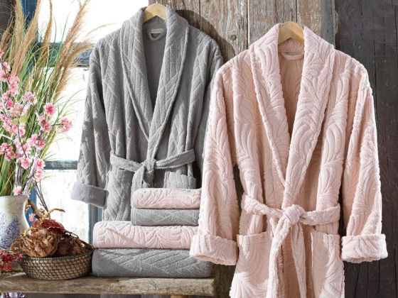 Melanie Jacquard Cotton Bathrobe Set Pink Gray