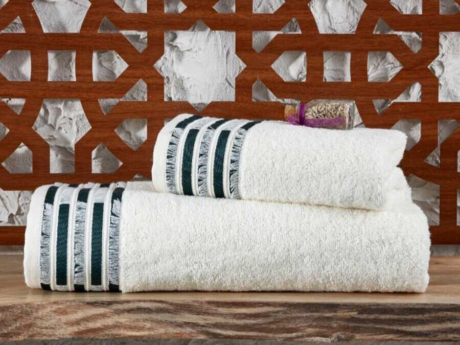 Çeyiz Diyarı - Melek Double Bath Set Dark Green Cream Çeyiz Diyarı - Melek Double Bath Set Dark Green Cream