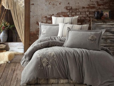 Melina Embroidered Cotton Satin Linen Double Duvet Cover Set Antrachite - Thumbnail