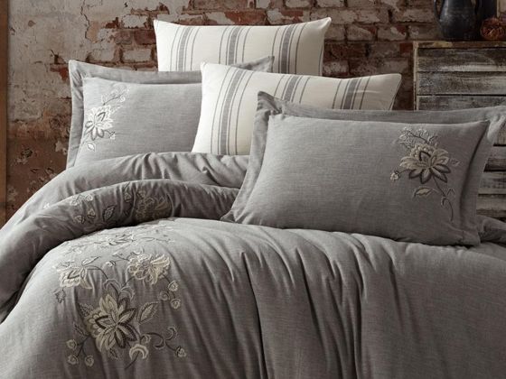 Melina Embroidered Cotton Satin Linen Double Duvet Cover Set Antrachite