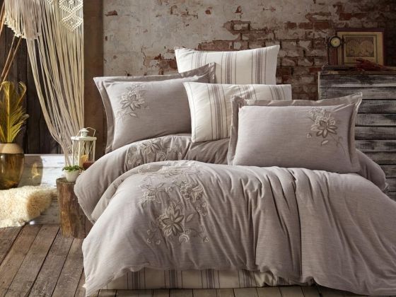 Melina Embroidered Cotton Satin Linen Double Duvet Cover Set Beige