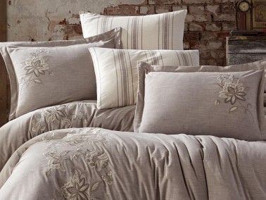 Melina Embroidered Cotton Satin Linen Double Duvet Cover Set Beige - Thumbnail