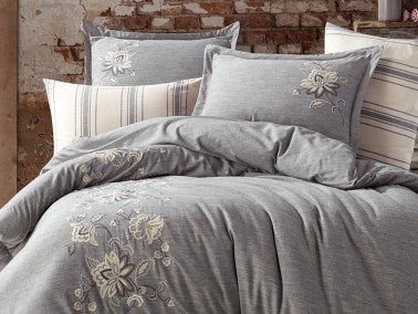 Melina Embroidered Cotton Satin Linen Double Duvet Cover Set Navy Blue - Thumbnail