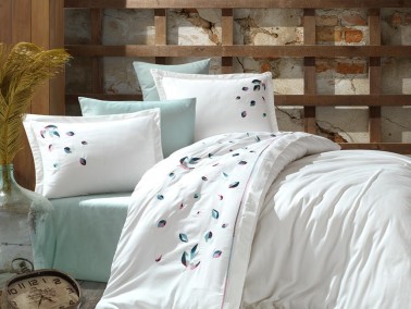 Melody Embroidered Cotton Satin Double Duvet Cover Set - Thumbnail