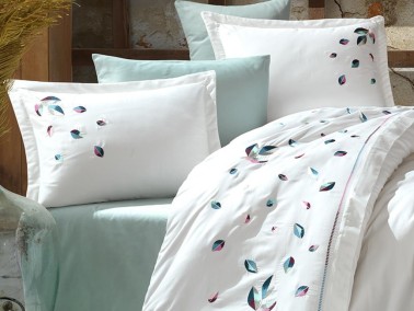 Melody Embroidered Cotton Satin Double Duvet Cover Set - Thumbnail