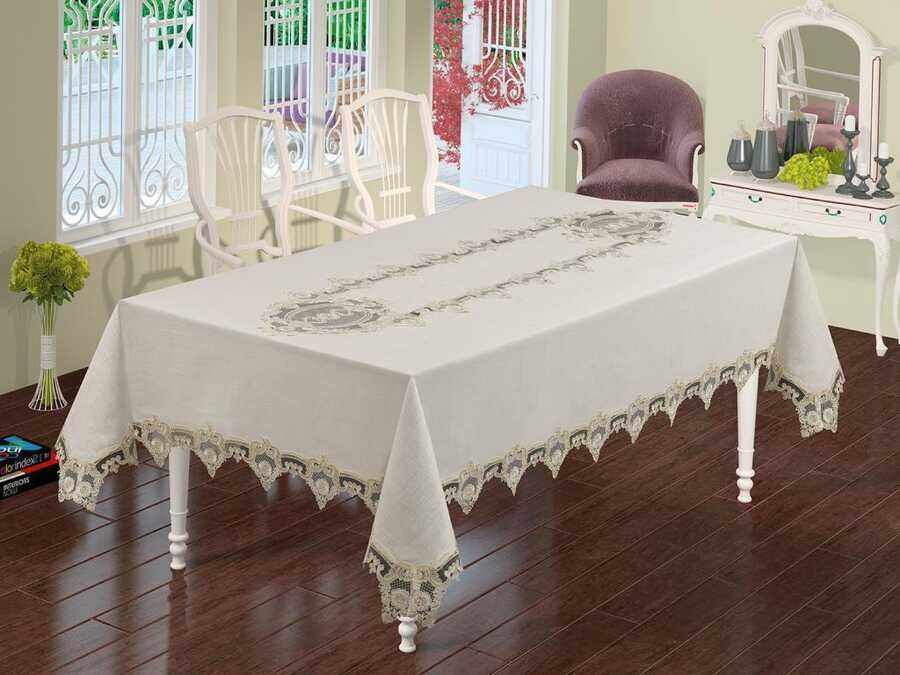 Dowry World - Mercan Linen Table Cloth Cream 160x220 Cm Dowry World - Mercan Linen Table Cloth Cream 160x220 Cm