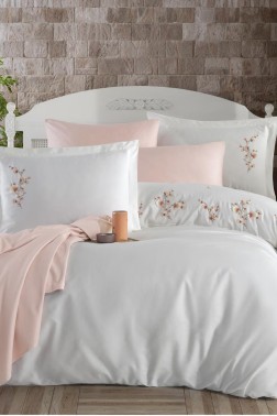 Çeyiz Diyarı - Merida Embroidered 100% Cotton Sateen, Duvet Cover Set, Duvet Cover 200x220, Sheet 240x260, Double Size, Full Size Ecru