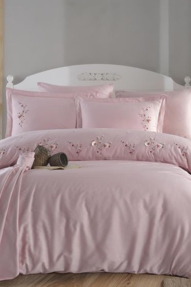 Merida Embroidered 100% Cotton Sateen, Duvet Cover Set, Duvet Cover 200x220, Sheet 240x260, Double Size, Full Size Pink