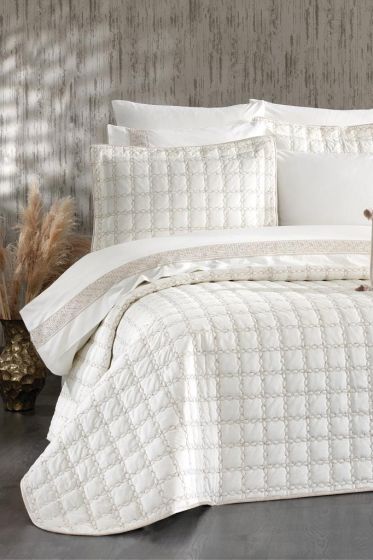 Merry Bridal Set 10 pcs, Bedspread 250x260, Sheet 240x260, Duvet Cover 200x220 with Pillowcase, Double Size, Full Bed, Krem