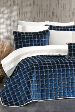 Merry Bridal Set 10 pcs, Bedspread 250x260, Sheet 240x260, Duvet Cover 200x220 with Pillowcase, Double Size, Full Bed, Navy Blue - Thumbnail