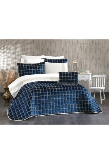 Merry Bridal Set 10 pcs, Bedspread 250x260, Sheet 240x260, Duvet Cover 200x220 with Pillowcase, Double Size, Full Bed, Navy Blue