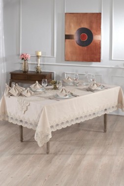 Midye Dinner/Lunch Set 18 pcs, Tablecloth 160x220, Runner 35x150, Napkins, Ring Cappucino - Thumbnail