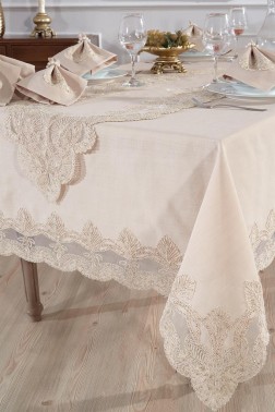 Midye Dinner/Lunch Set 18 pcs, Tablecloth 160x220, Runner 35x150, Napkins, Ring Cappucino - Thumbnail