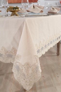 Midye Dinner/Lunch Set 18 pcs, Tablecloth 160x220, Runner 35x150, Napkins, Ring Cappucino - Thumbnail