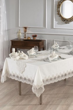 Midye Dinner/Lunch Set 18 pcs, Tablecloth 160x220, Runner 35x150, Napkins, Ring Cream - Thumbnail