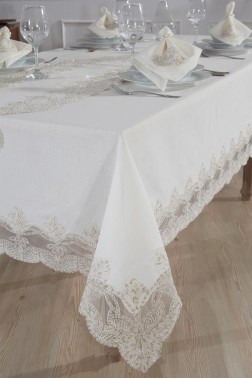 Midye Dinner/Lunch Set 18 pcs, Tablecloth 160x220, Runner 35x150, Napkins, Ring Cream - Thumbnail