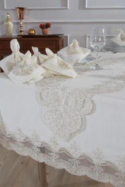 Midye Dinner/Lunch Set 18 pcs, Tablecloth 160x220, Runner 35x150, Napkins, Ring Cream - Thumbnail