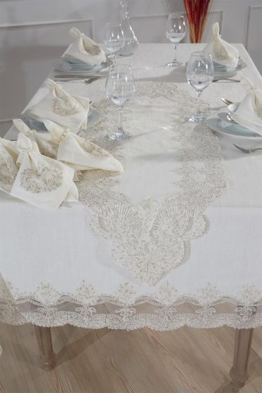 Midye Dinner/Lunch Set 18 pcs, Tablecloth 160x220, Runner 35x150, Napkins, Ring Cream