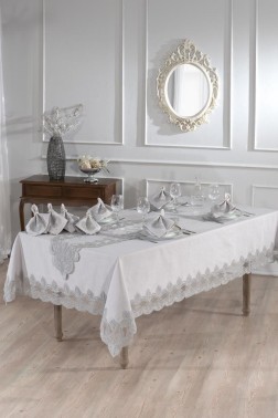 Midye Dinner/Lunch Set 18 pcs, Tablecloth 160x220, Runner 35x150, Napkins, Ring Gray - Thumbnail