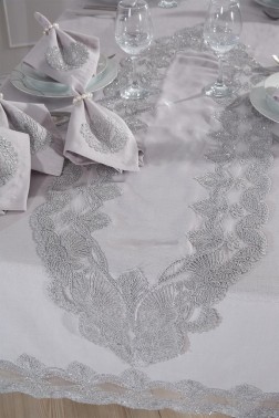 Midye Dinner/Lunch Set 18 pcs, Tablecloth 160x220, Runner 35x150, Napkins, Ring Gray - Thumbnail