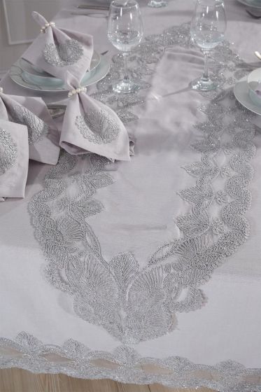 Midye Dinner/Lunch Set 18 pcs, Tablecloth 160x220, Runner 35x150, Napkins, Ring Gray