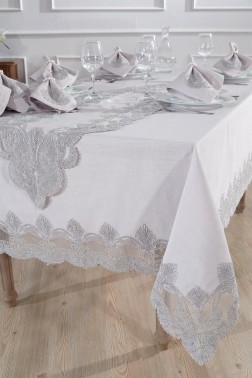 Midye Dinner/Lunch Set 18 pcs, Tablecloth 160x220, Runner 35x150, Napkins, Ring Gray - Thumbnail