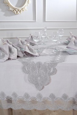 Midye Dinner/Lunch Set 18 pcs, Tablecloth 160x220, Runner 35x150, Napkins, Ring Gray - Thumbnail